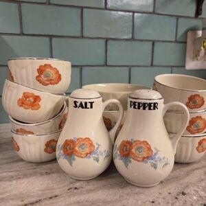 Hall Pottery Orange Poppy Floral Ceramic Bowls and Shaker Set